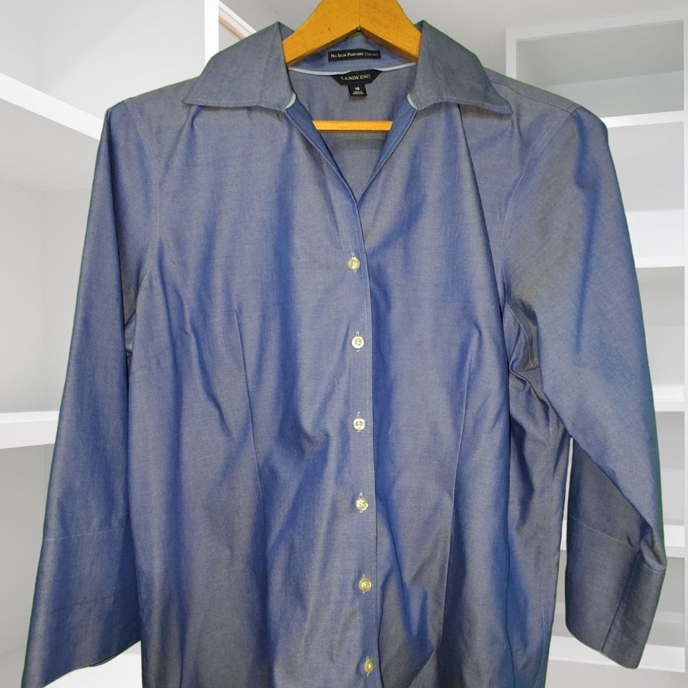 Land's End Blue 3/4 Sleeve No-iron Pinpoint Oxford  - Size 16
